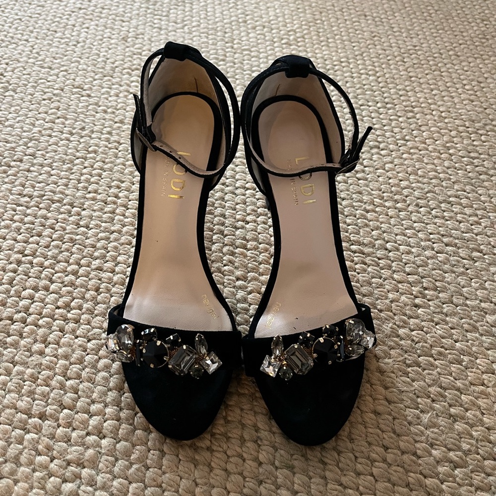 Lodi black suede heels with blue and clear rhinestones Size 37 - Picture 2 of 7